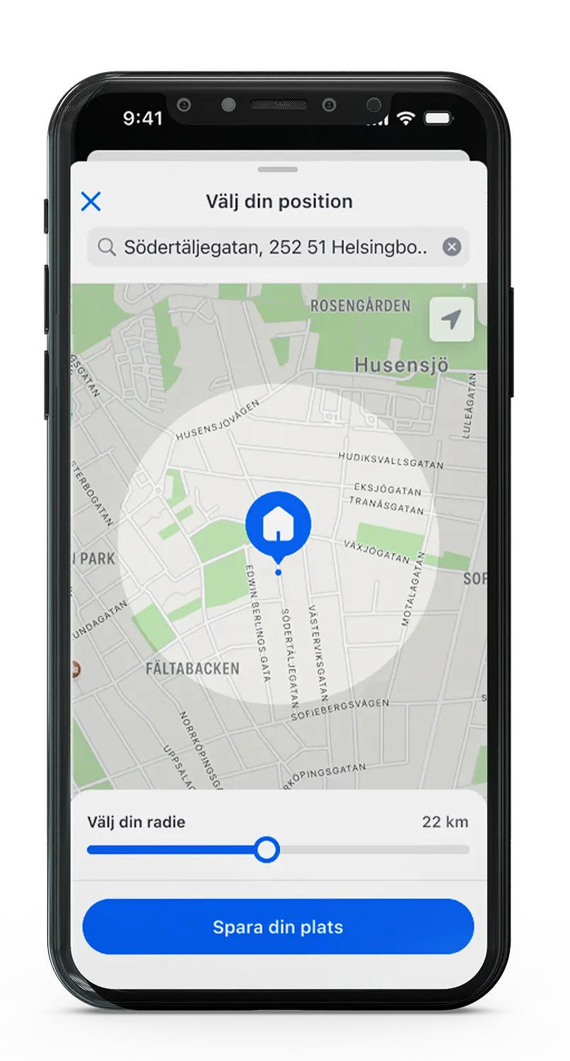 Skärmvy i Dayli-appen där användaren väljer sin position och radie på en karta