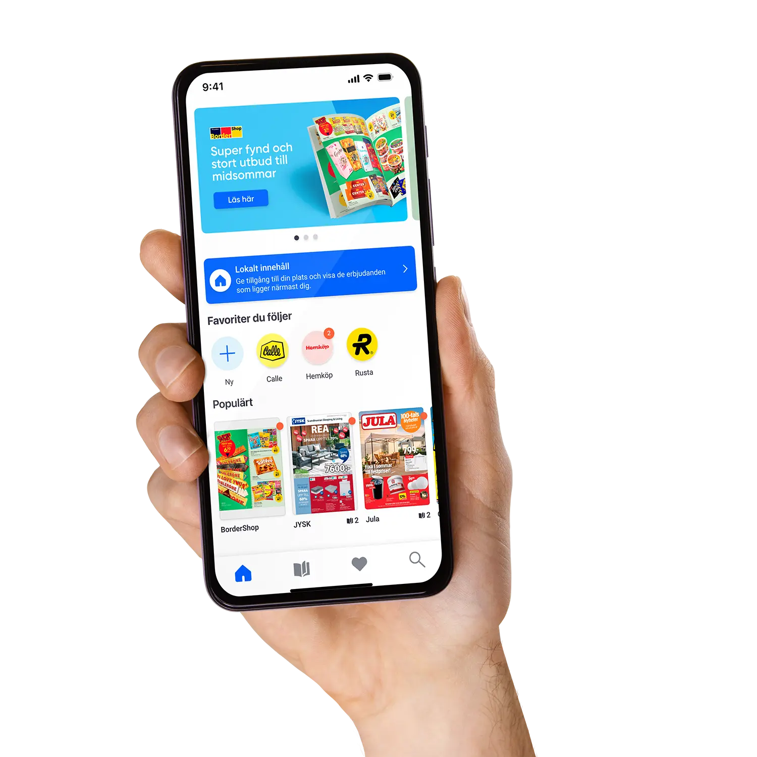 En hand håller i en smartphone som visar en svensk shoppingapp med erbjudanden, favoritbutiker och populära erbjudanden. Skärmen innehåller färgglada banners och butikslogotyper på en vit bakgrund.